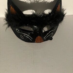 Black and Orange Cat Mask with Feathers